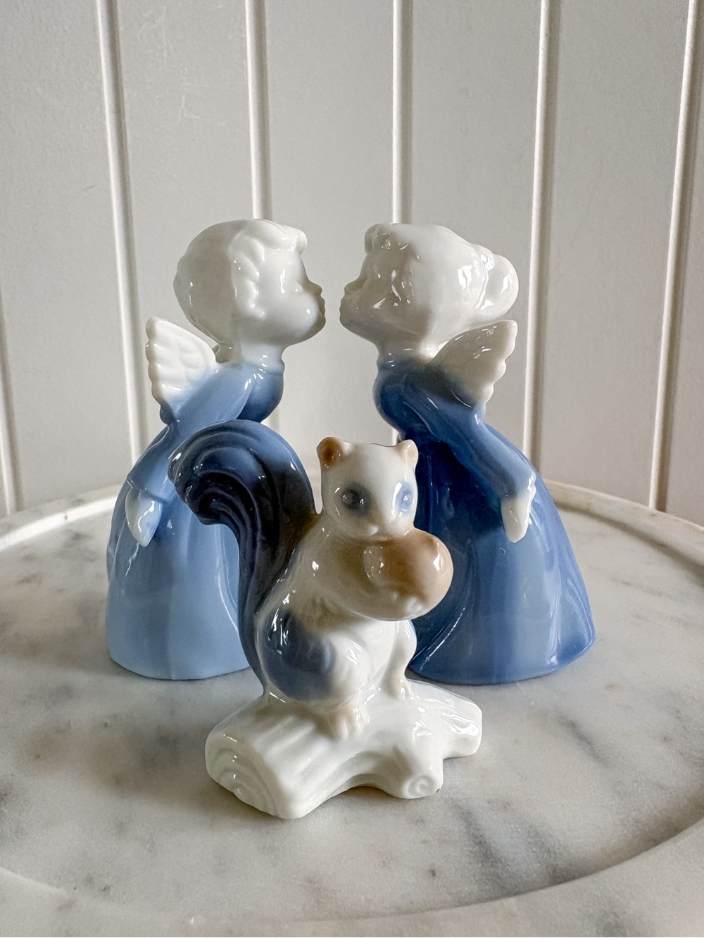 Japan Blue Kissing Angels & Squirrel Figurines Set of 3